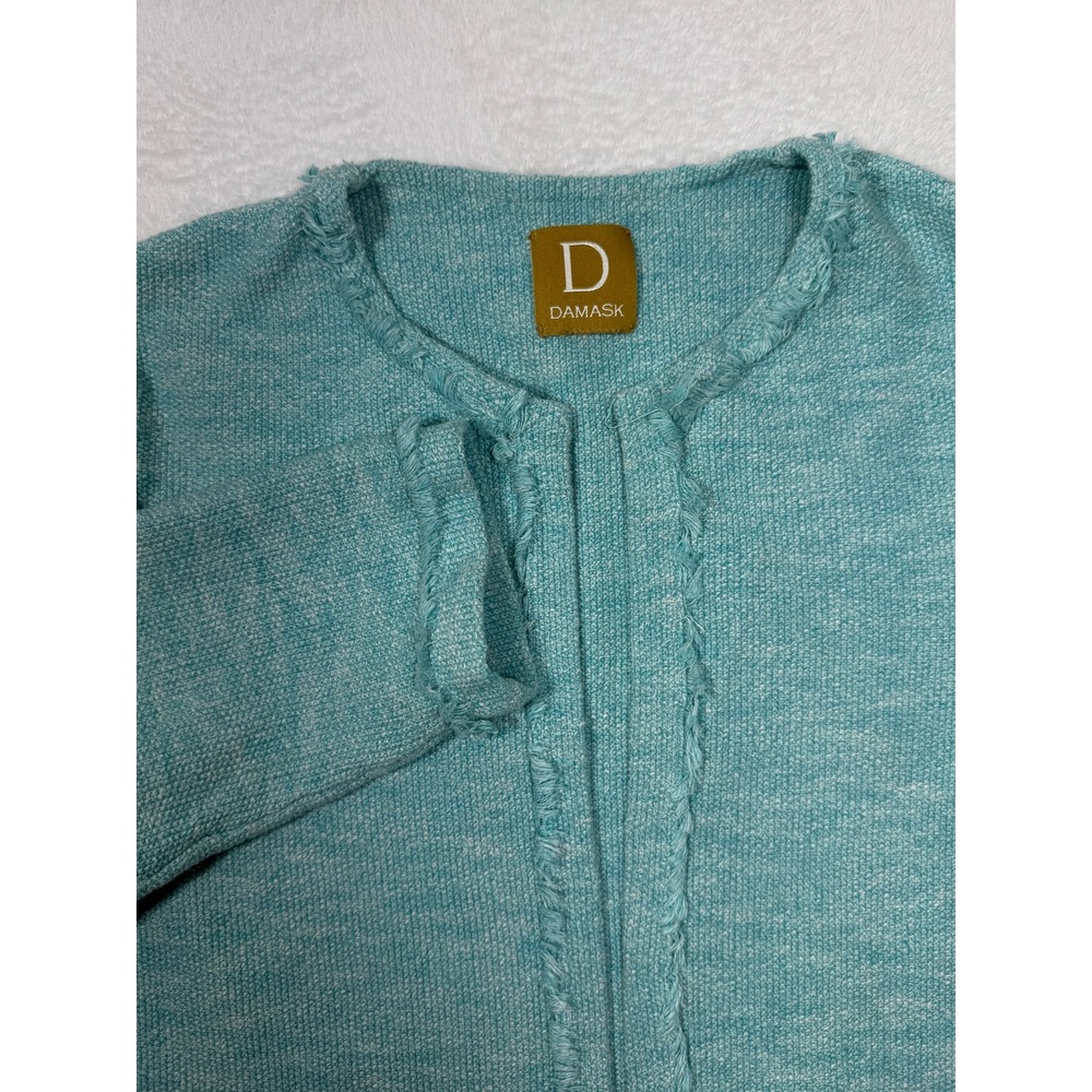 Viintage Cardigan Sweater Blazer Women SP Teal Marl Knit Open Front Fringe Trim